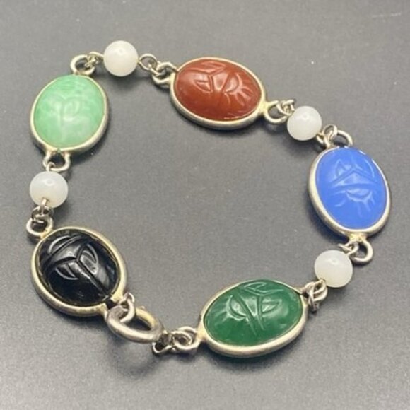Vintage Egyptian Revival Multi Color Glass Scarab Bracelet Gold Tone 1940s-50s - Picture 10 of 10